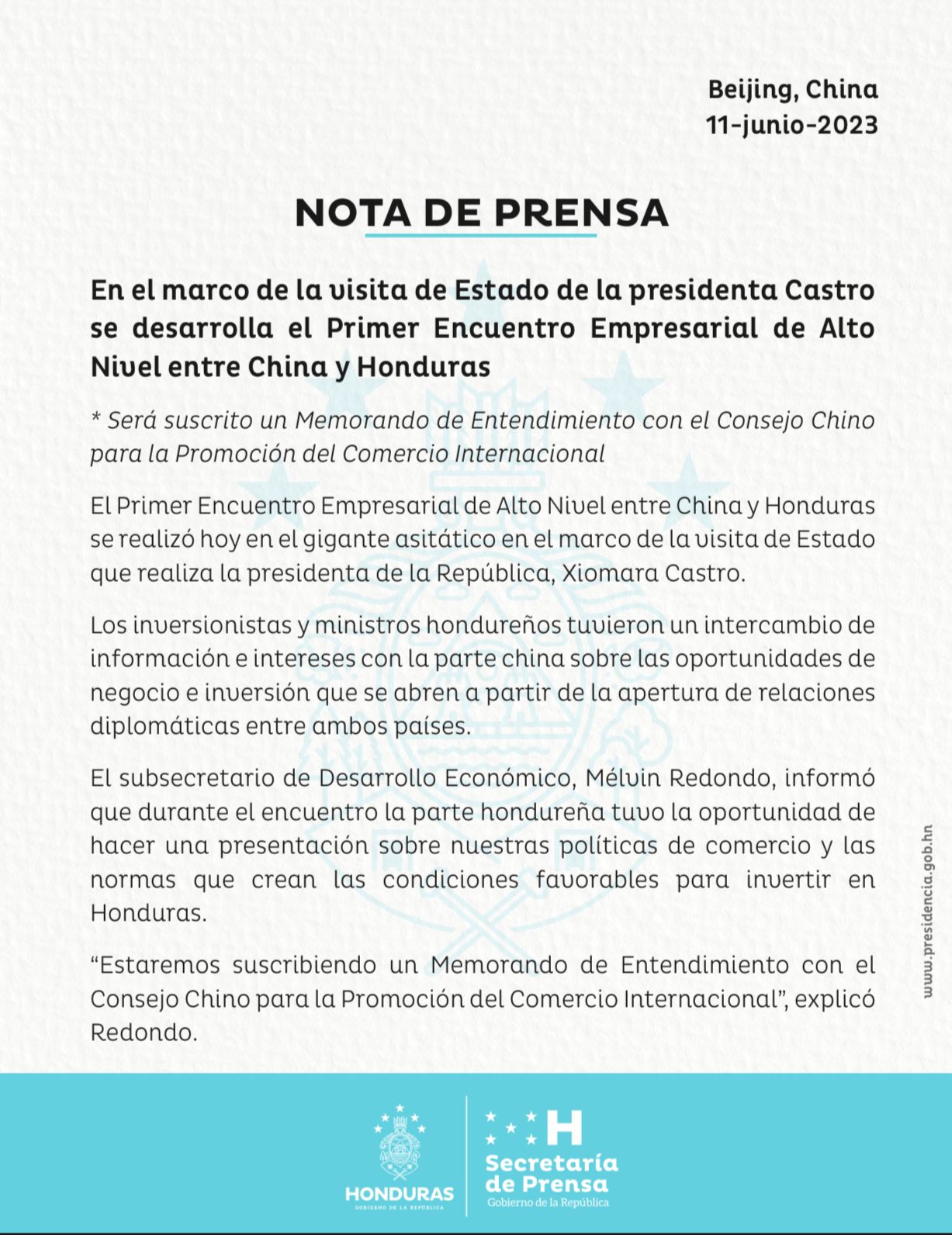 Primer Ministro de China reconoce esfuerzos de la presidenta Xiomara Castro, para impulsar el desarrollo en Honduras